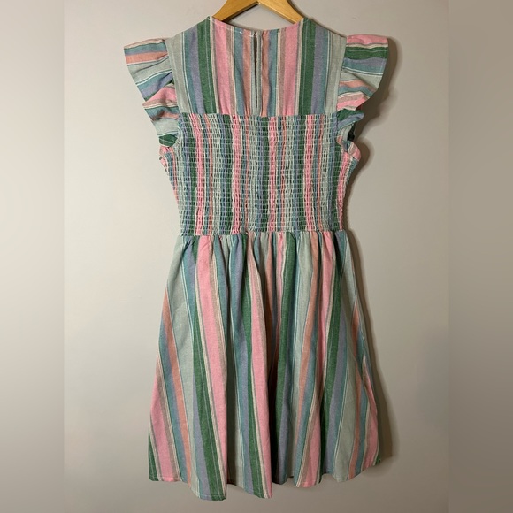 English Factory Smocked Colorful Striped Flutter Sleeve Mini Dress - Picture 3 of 6